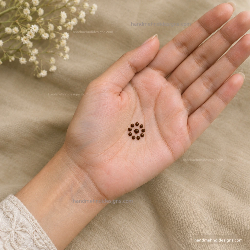 Simple flower dot mehndi design made with small henna dots around a central dot on the palm
