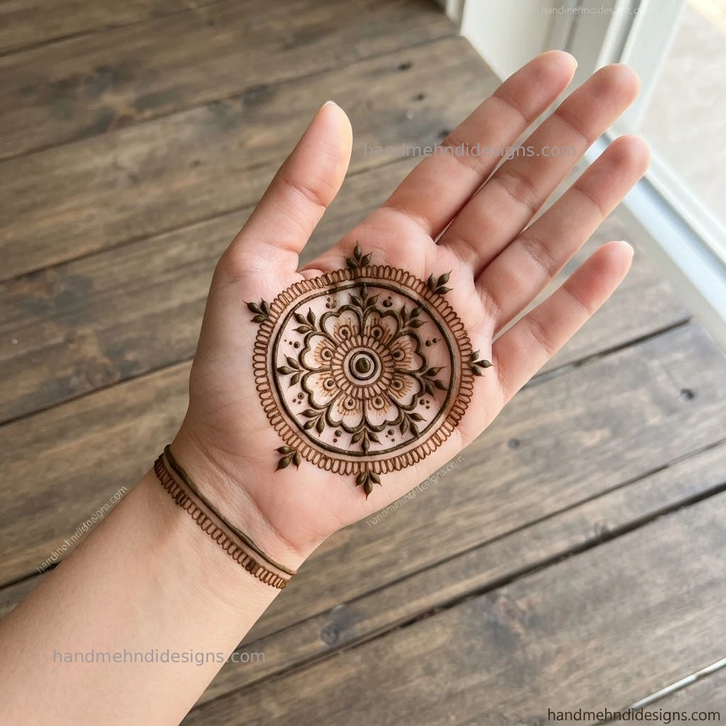 Front hand floral mandala mehndi with rounded petals, small leaves and dotted circular borders