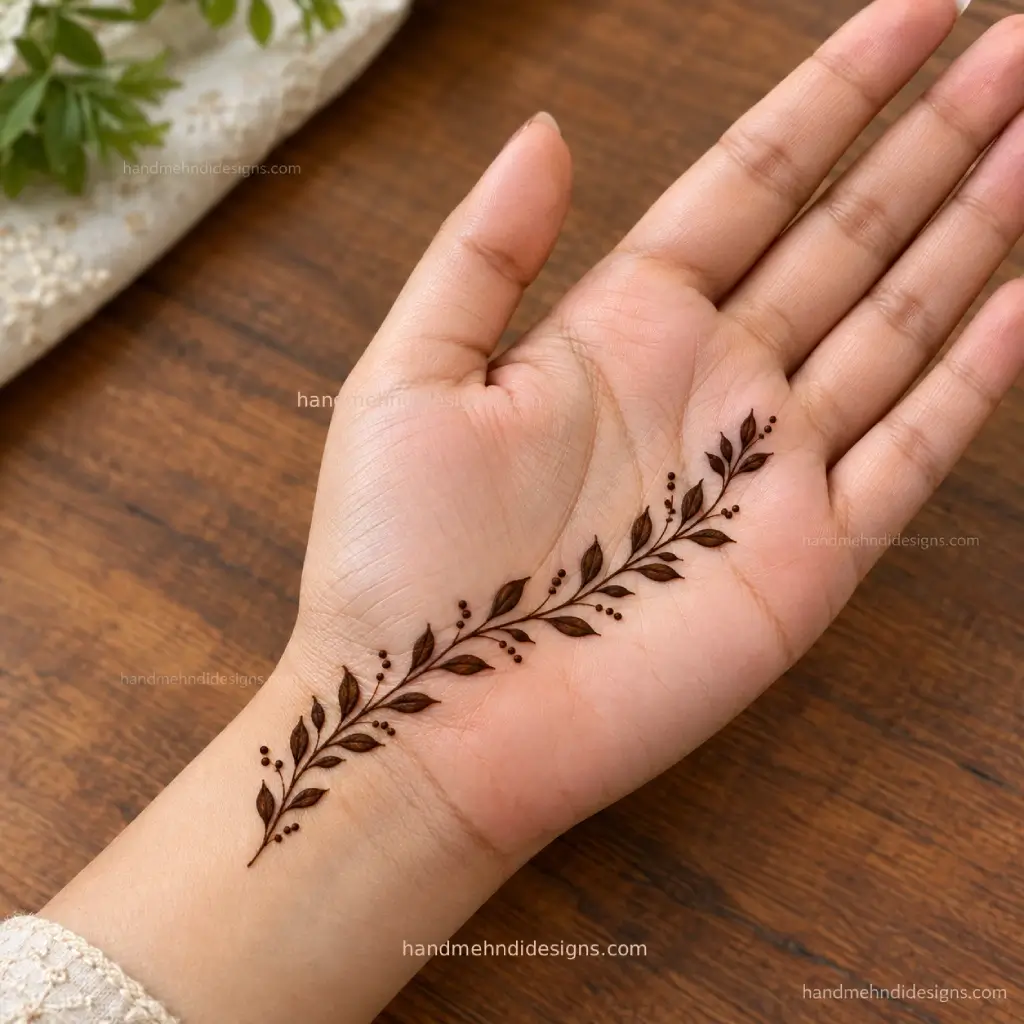 Minimal front hand mehndi with a curved leaf vine crossing the lower palm
