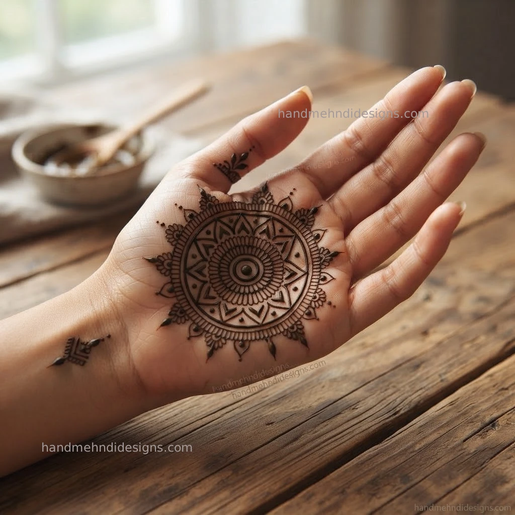 Geometric palm mandala mehndi with pointed shapes, concentric circles and evenly spaced dots