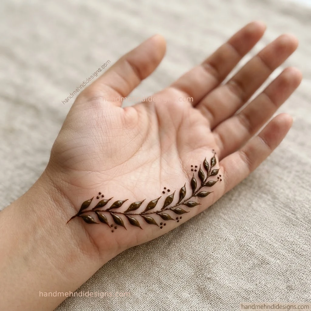 Half palm mehndi with a small curved branch and pointed leaves in one corner