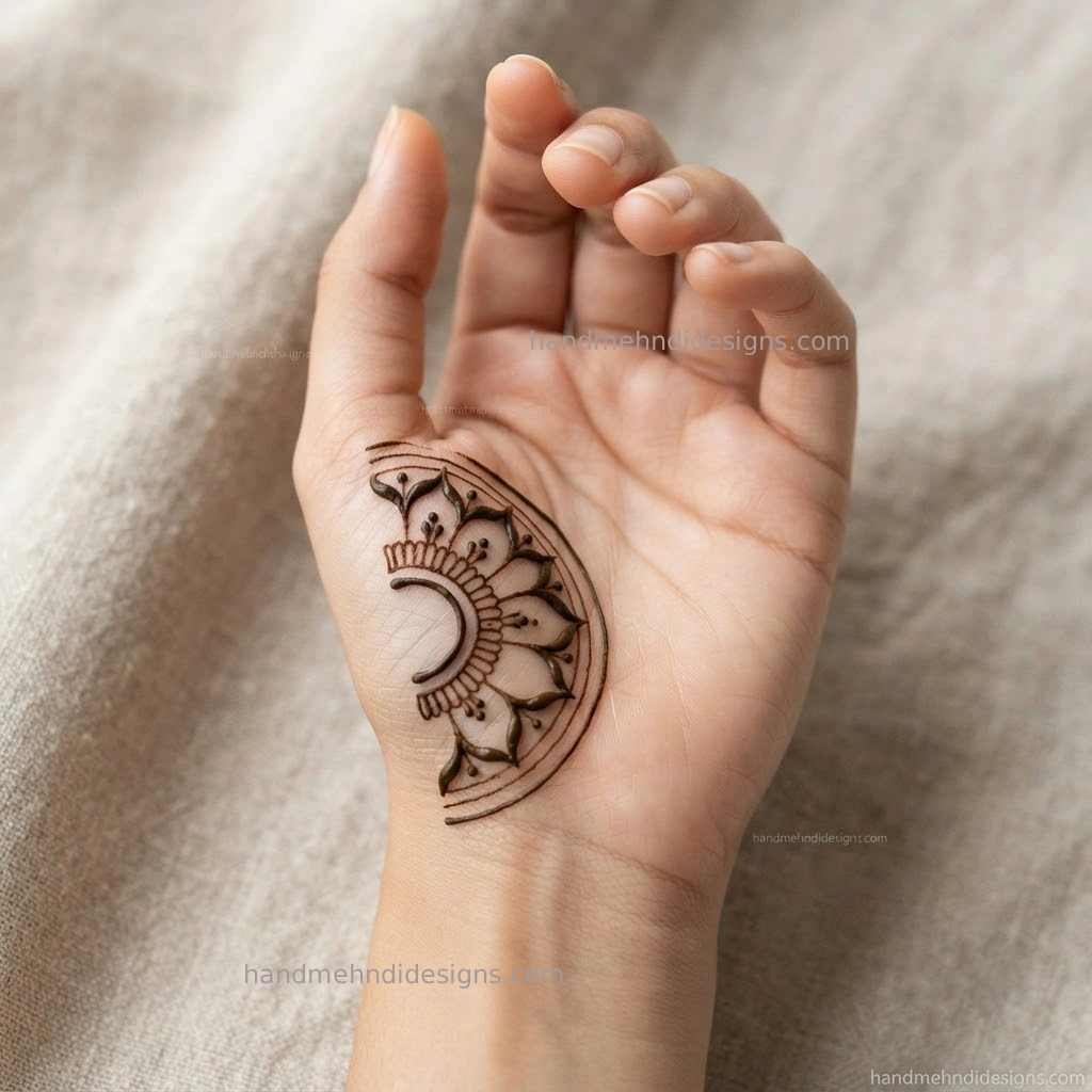 Small side palm mandala mehndi with curved petals, dots and open surrounding space