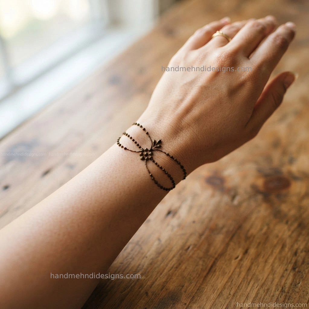 Simple wrist chain dot mehndi with tiny dots forming a delicate jewelry-style wrist pattern
