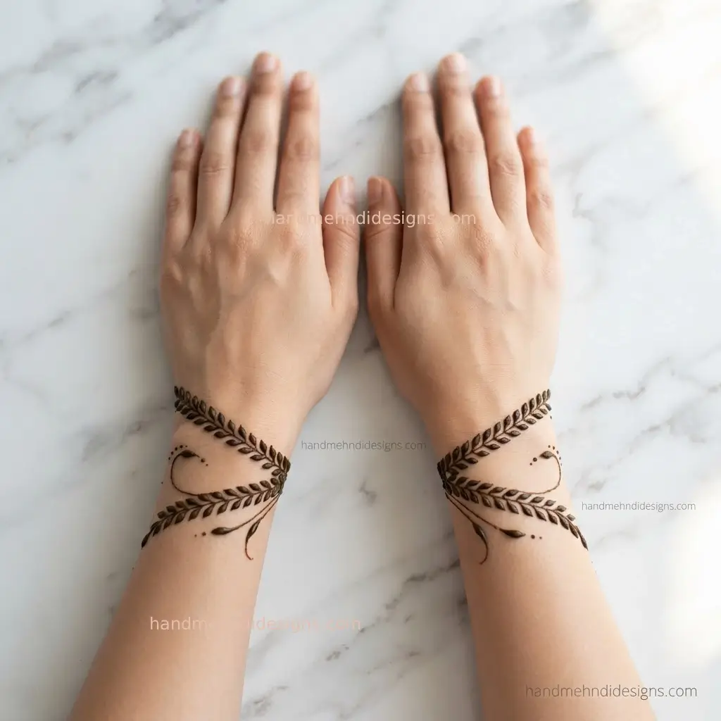 Minimal wrist mehndi bracelet made with connected leaves and a fine vine