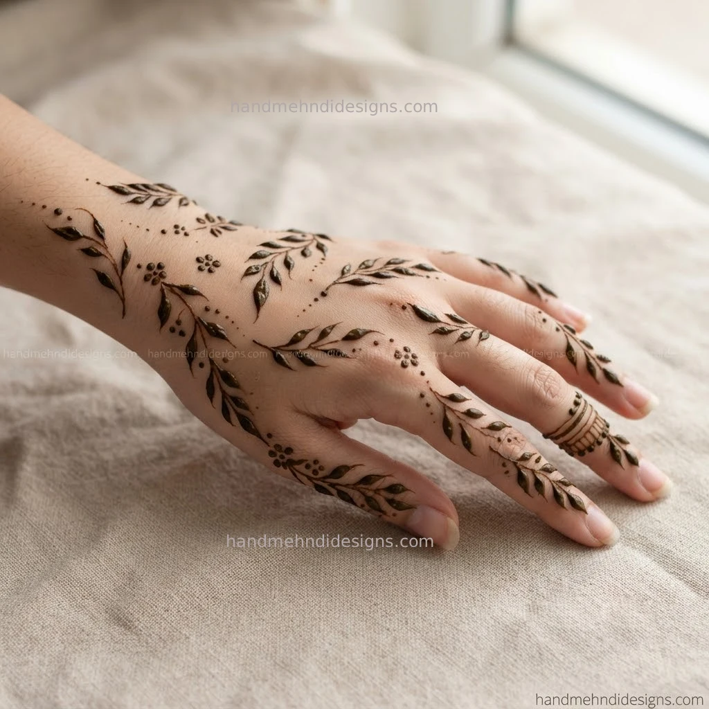 Sparse back hand mehndi with multiple curved leafy branches and open spaces