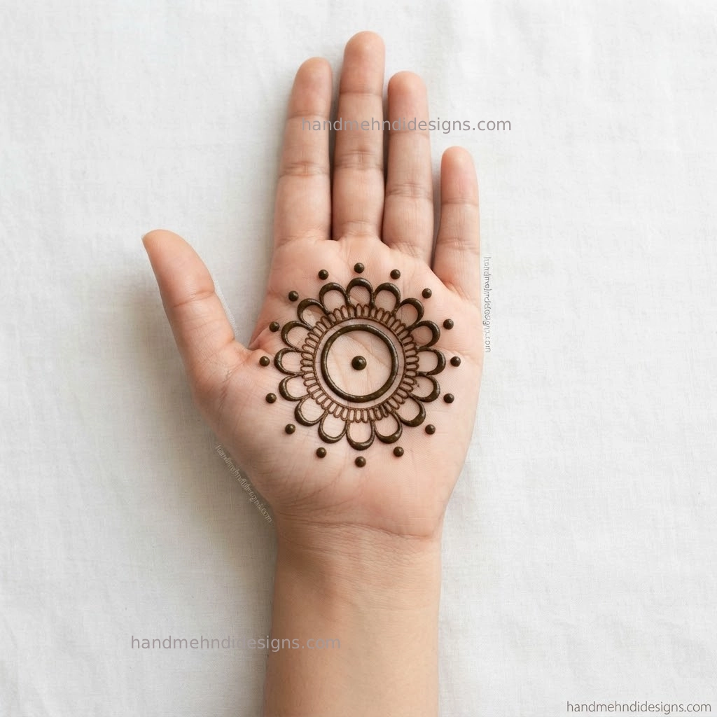 Small circular mandala mehndi design centered on the palm with petals and tiny dots