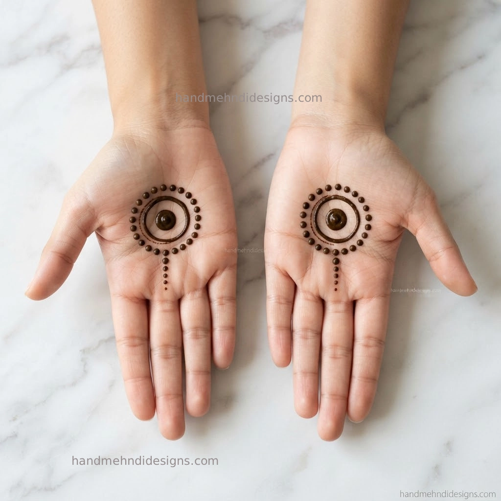 Very simple palm dot mehndi with a central dot circle and small finger extension