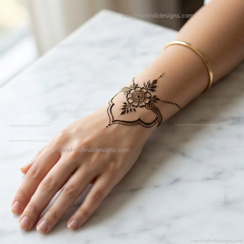 Wrist mandala mehndi with a small floral circle, leaf accents and dotted side extensions