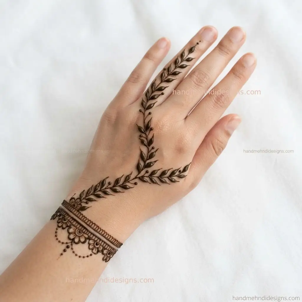 Leaf vine mehndi extending from a slim wrist bracelet into the lower palm