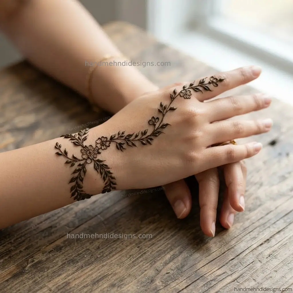 Bracelet style back hand floral vine mehndi with a slim leafy wrist band and short finger vine