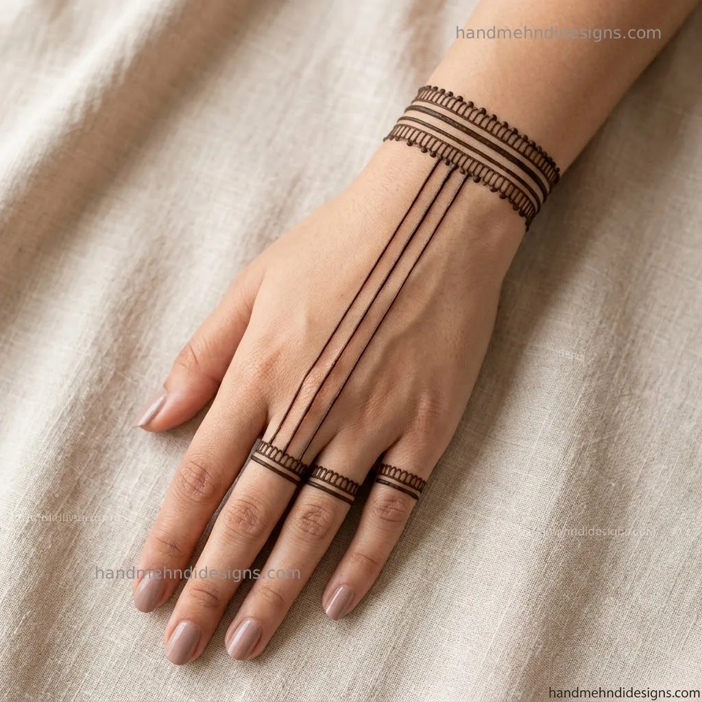 Double wrist band back hand mehndi connected with vertical lines