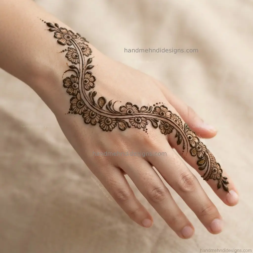 Curved floral bel back hand mehndi with an S-shaped vine, small flowers, leaves and dots