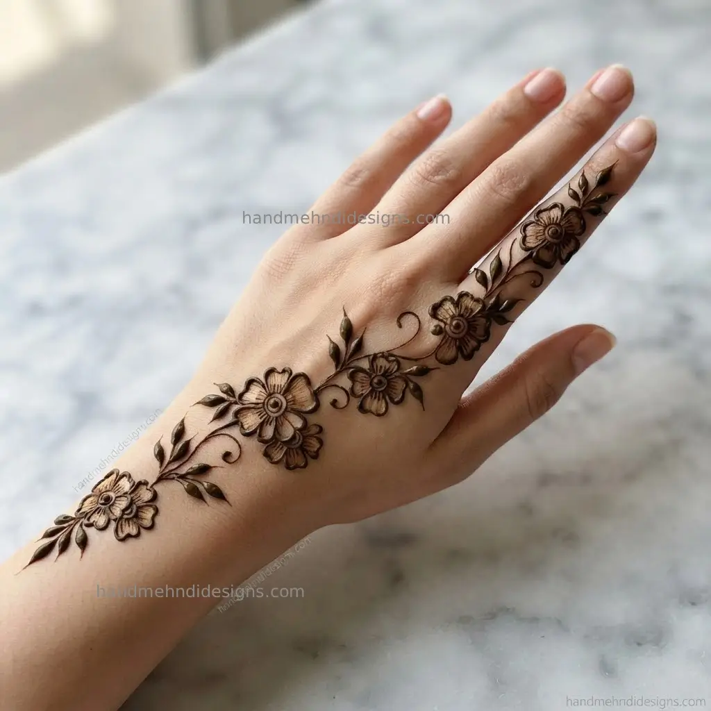 Diagonal back hand floral vine mehndi flowing from the wrist toward the index finger with flowers and leaves