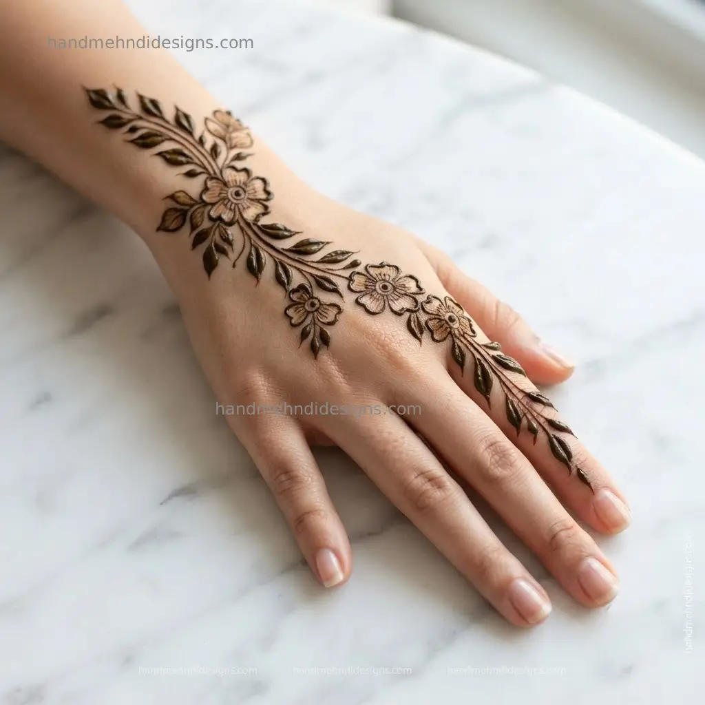 Diagonal leaf and flower vine mehndi crossing the back hand with airy flowers and pointed leaves
