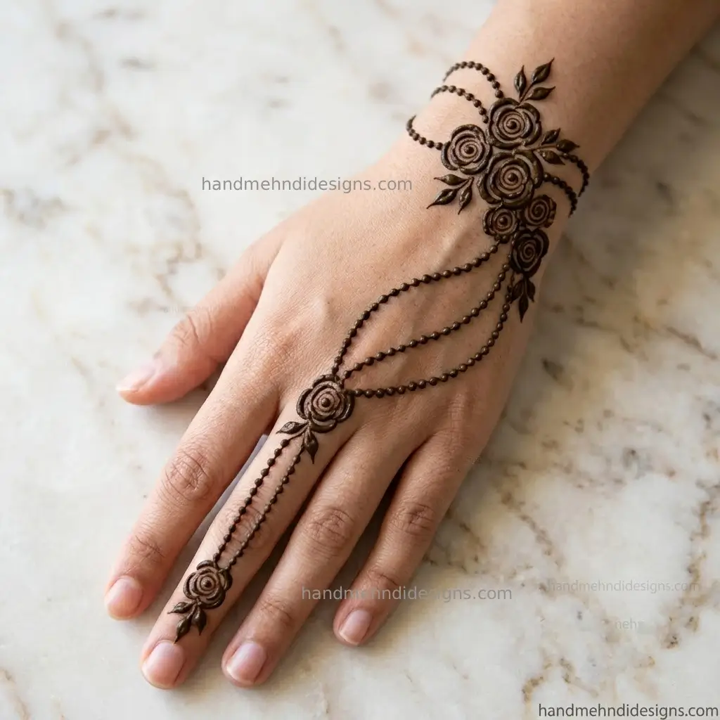Rose chain back hand mehndi pattern with thin dotted connector lines