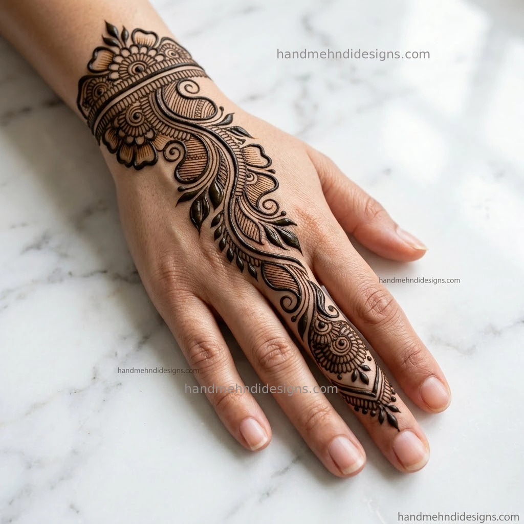 Contrast back hand mehndi design using thick outlines and thin internal lines