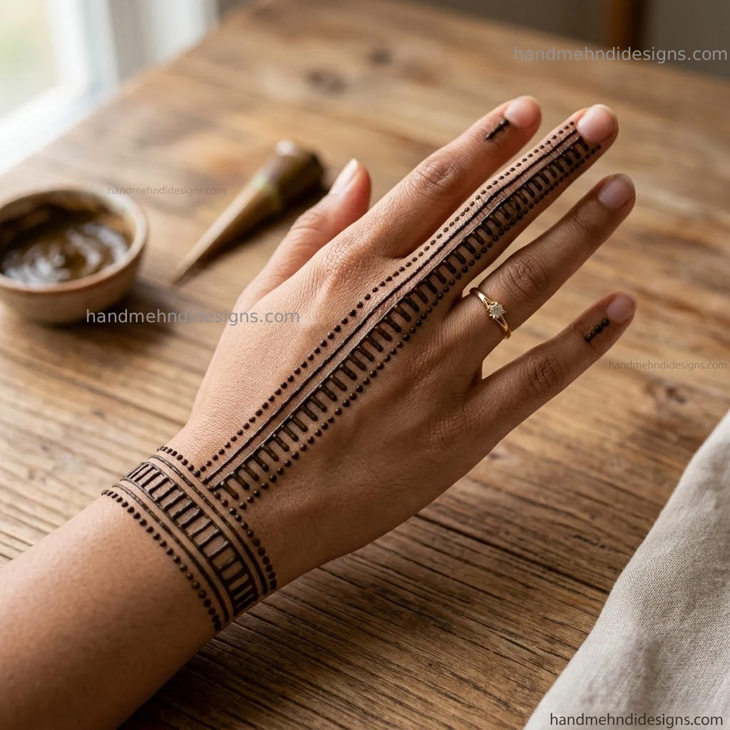 Dot and line chain back hand mehndi design with geometric feel