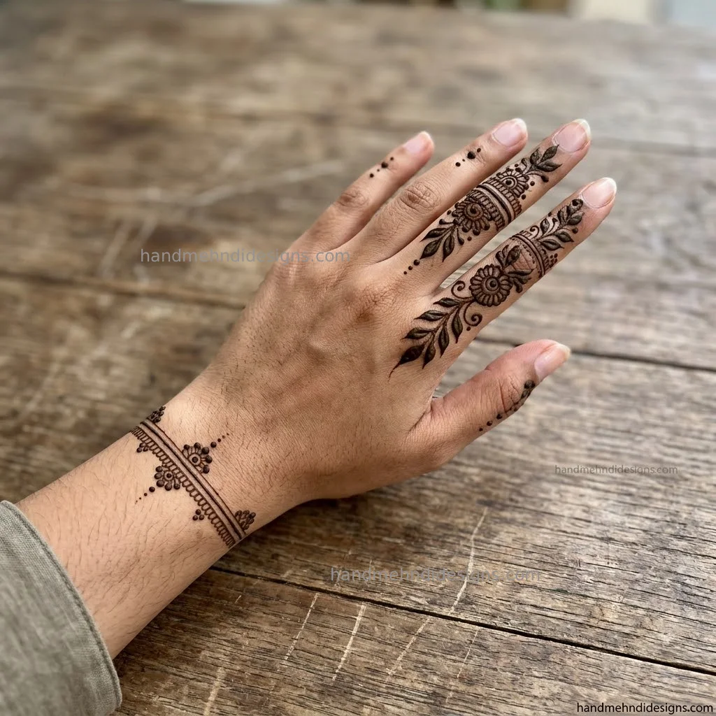 Detailed floral finger trail mehndi with minimal wrist accent