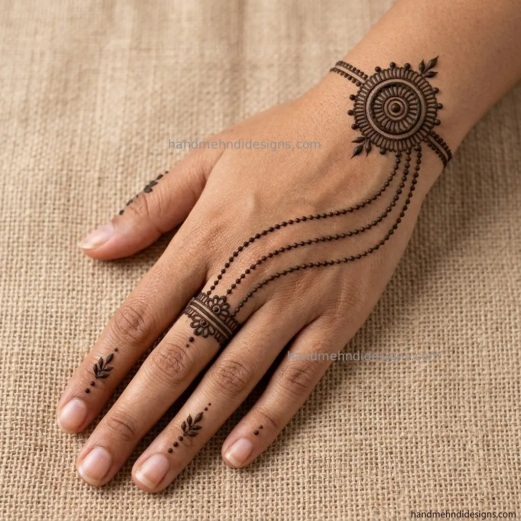 Small wrist mandala with dotted chain extension to ring finger