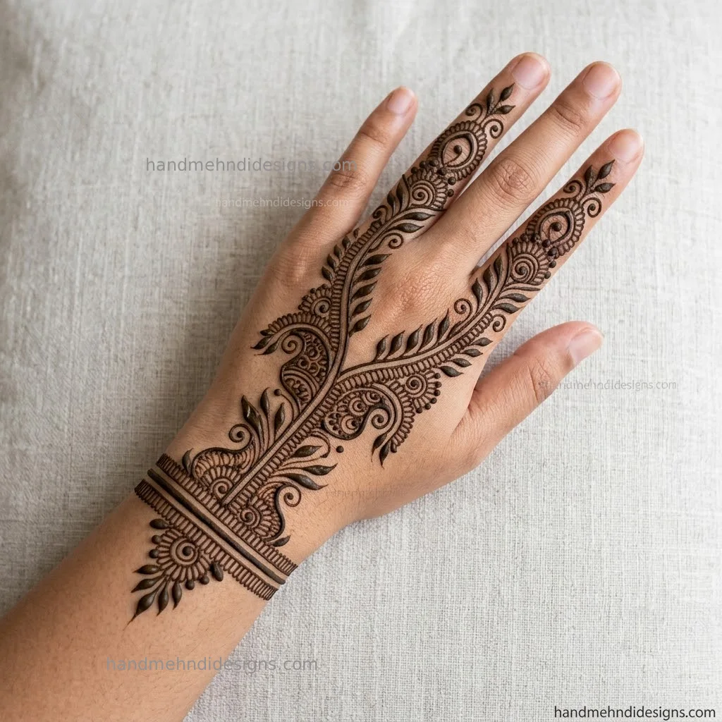 Perfectly mirrored symmetrical back hand mehndi pattern extending from wrist