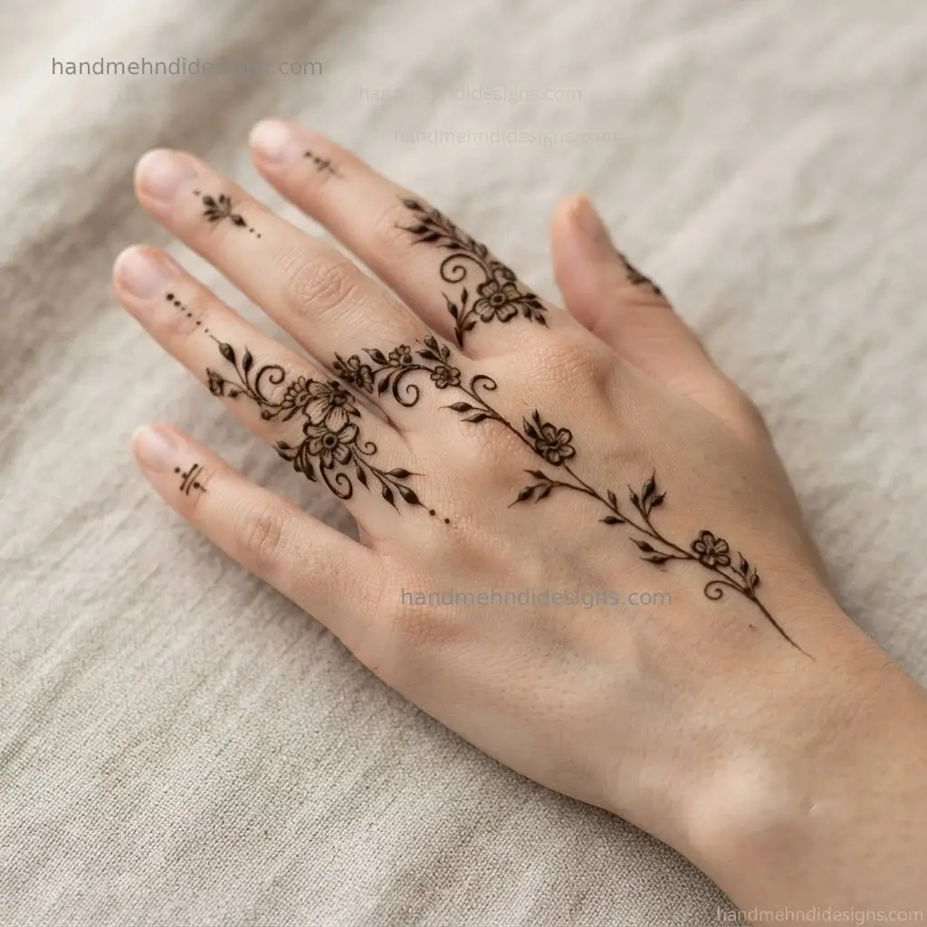 Finger-focused back hand floral vine mehndi with tiny flowers near the finger bases and a light leafy trail