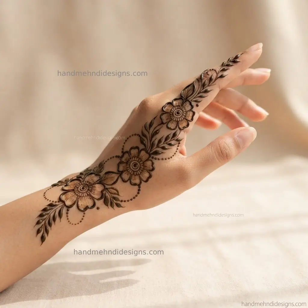 Floral trail back hand mehndi moving from the wrist toward the index finger with curved vines and flowers