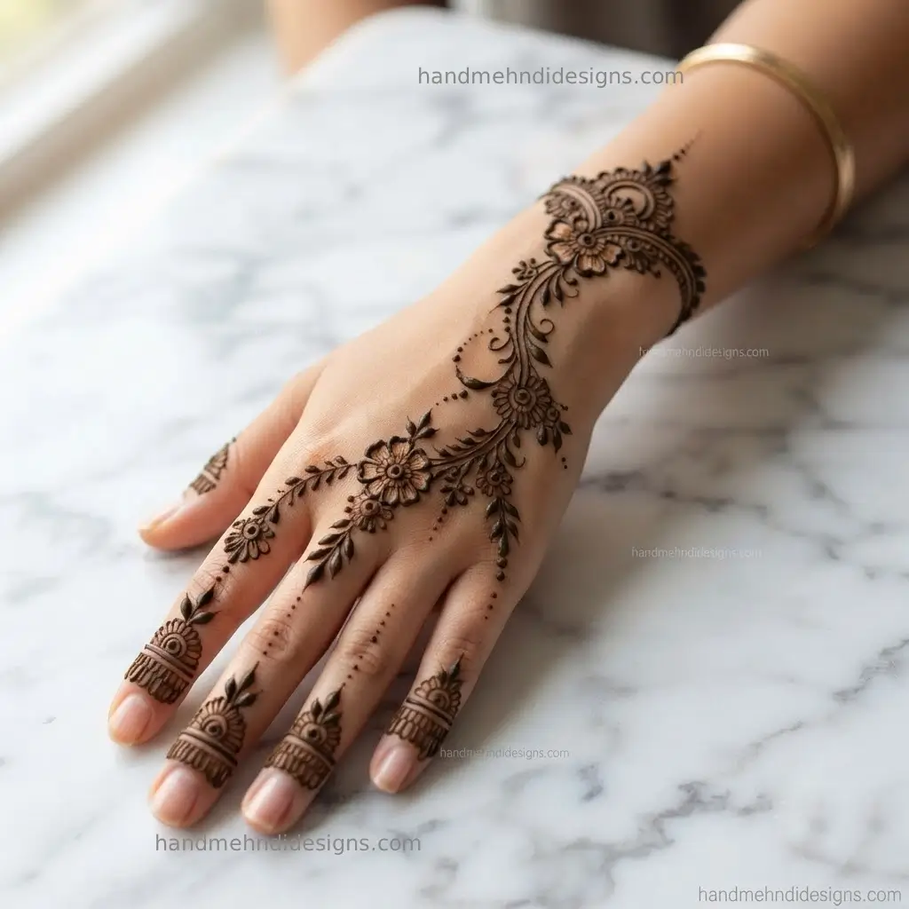 Back hand floral vine finger chain mehndi connecting wrist detailing with delicate floral finger lines