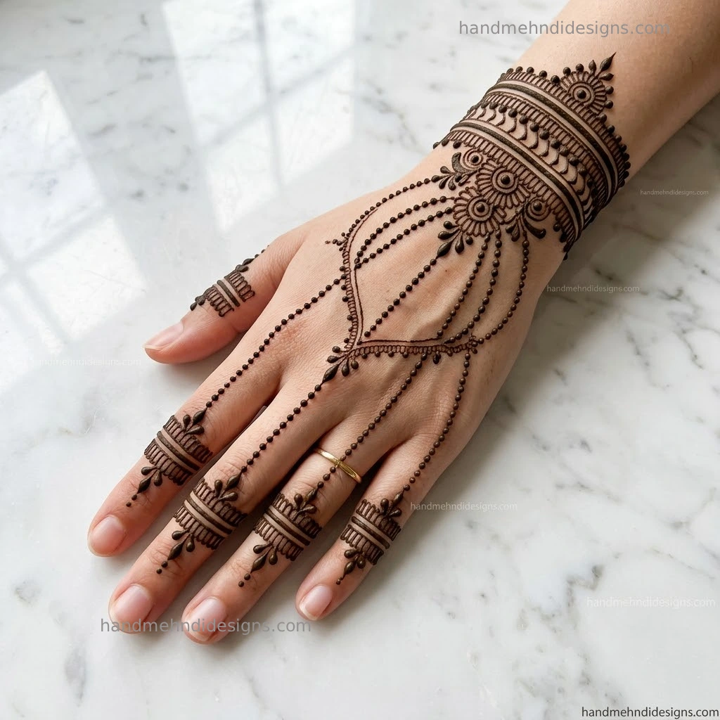 Haathphool hand harness style back hand mehndi design with multi chains