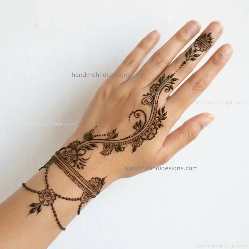 Jewelry style back hand floral vine mehndi with a wrist chain connected to flowers and leafy finger detailing