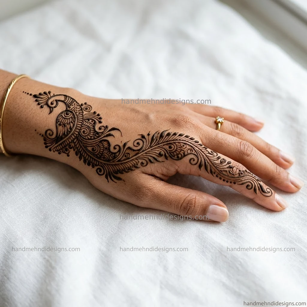 Petite peacock motif at wrist extending feather trail across back hand