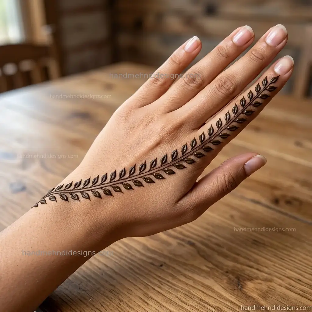 Simple leaf trail back hand mehndi layout diagonally aligned across hand