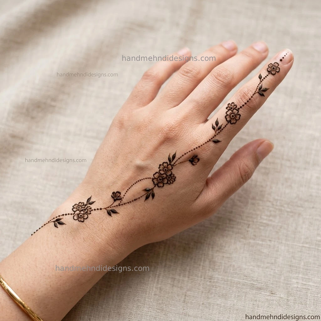 Dainty flower chain back hand mehndi with dot embellishments