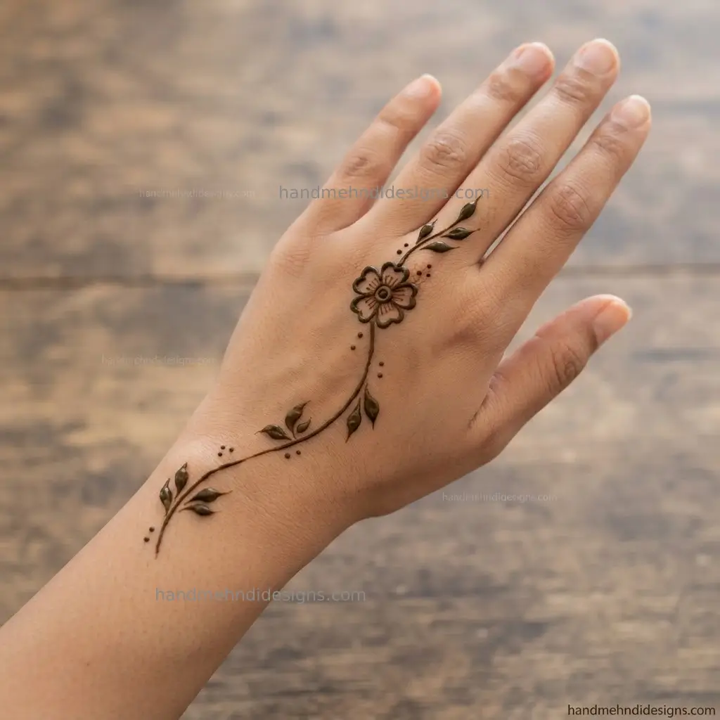 Minimal flower vine back hand mehndi with a small central blossom, curved vine and delicate leaves