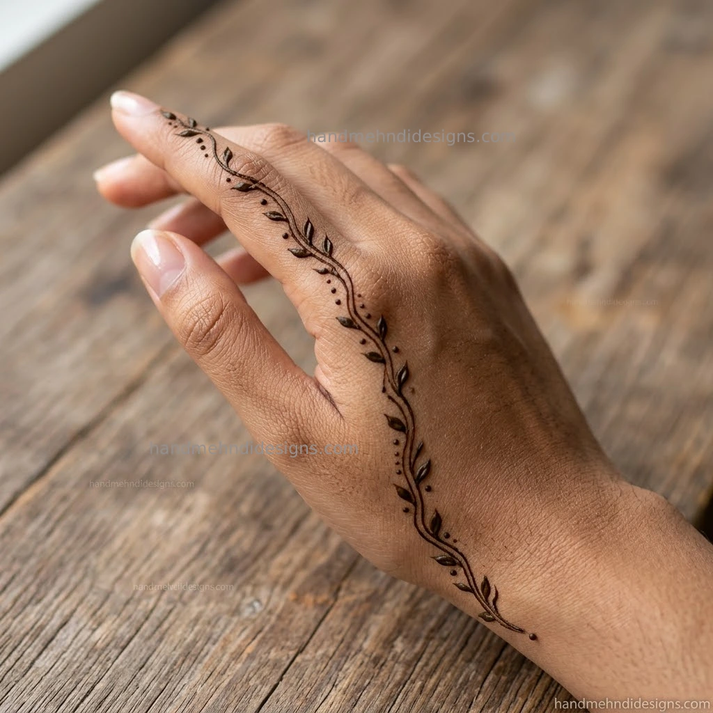 Single finger trail back hand mehndi design extending to wrist
