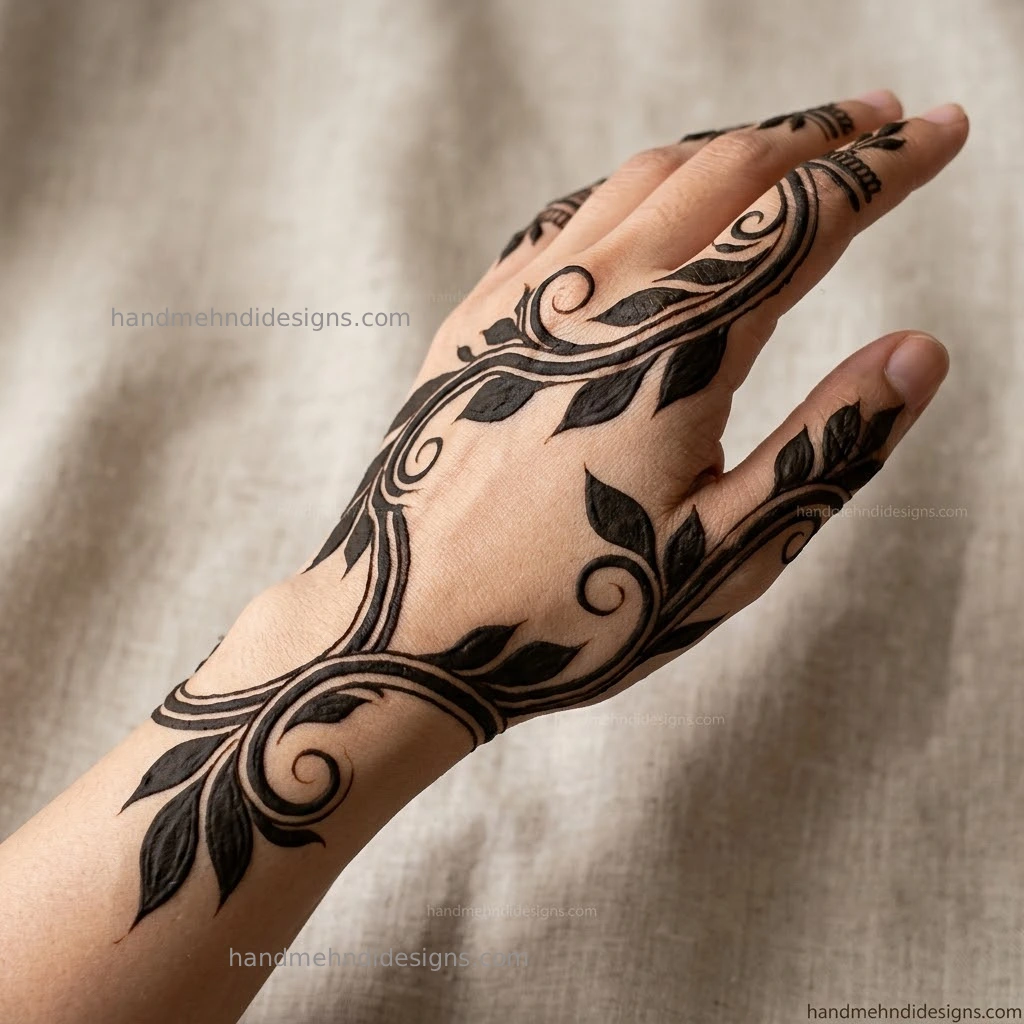 Negative space back hand mehndi design with bold leaf silhouettes