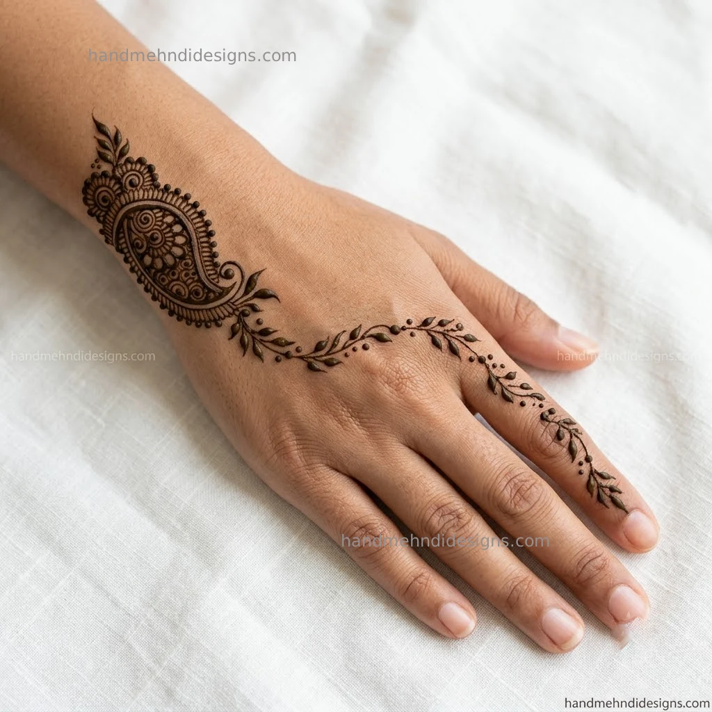 Classic paisley motif at wrist with simple finger extension on back hand