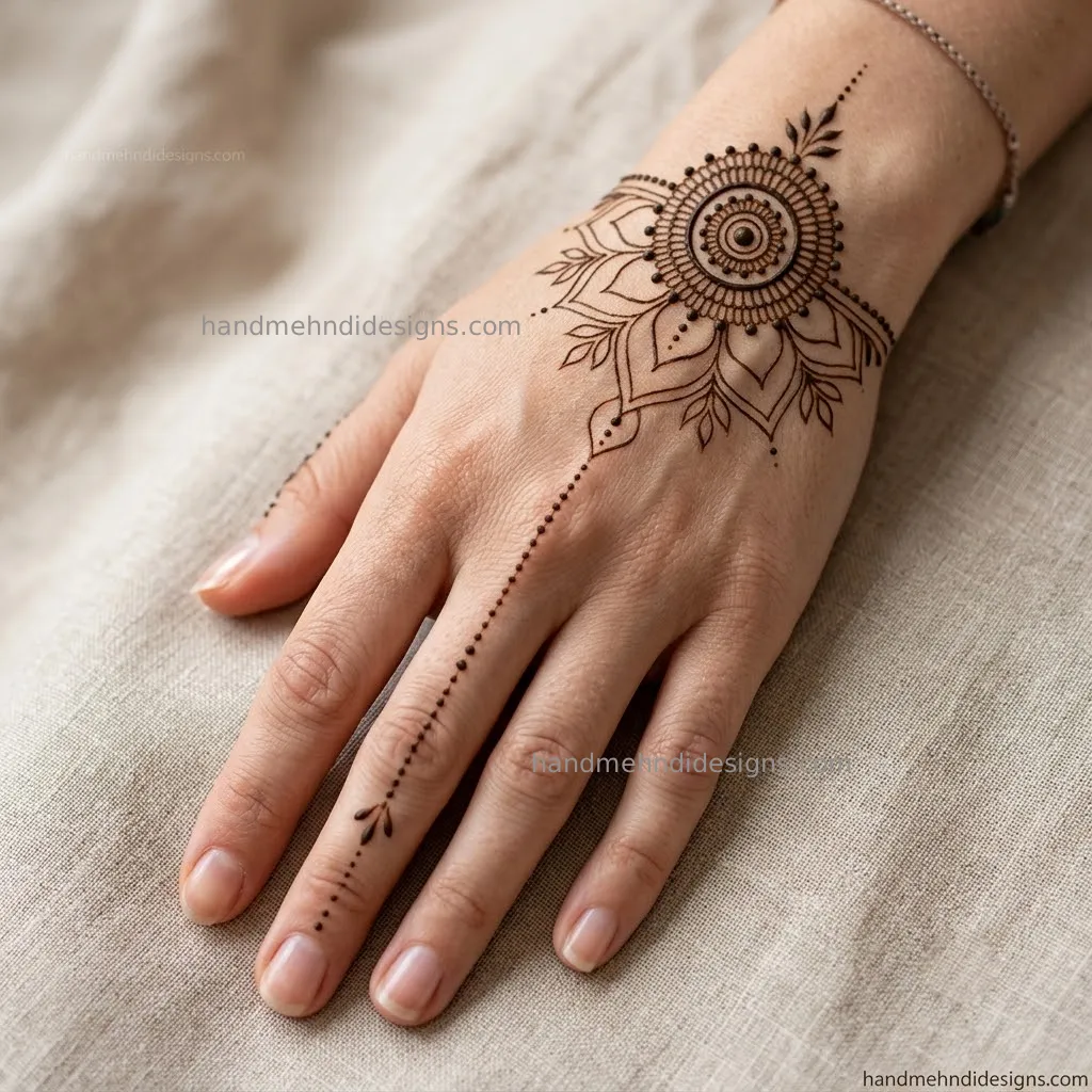 Petite wrist mandala extending thin lines to fingertips on back hand