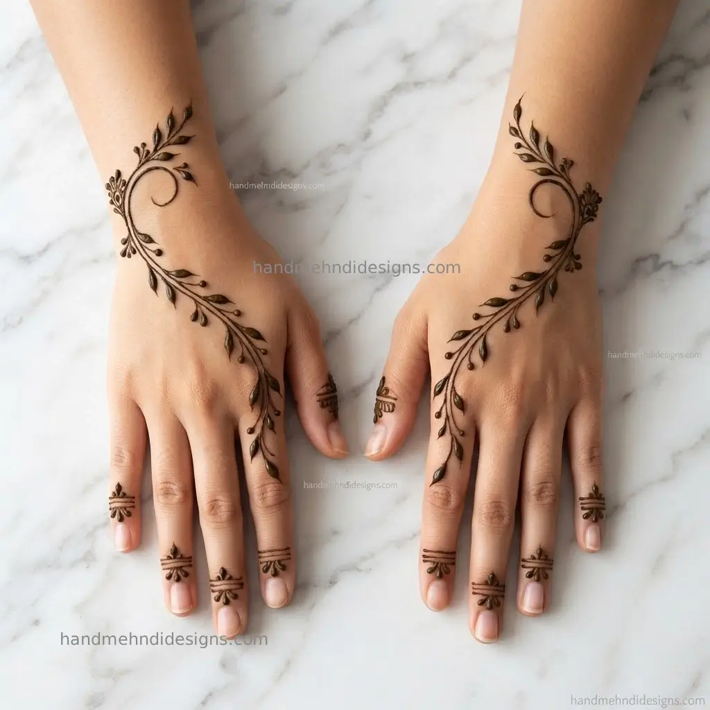 Simple back hand bel mehndi with one curved leafy vine, tiny buds and open negative space