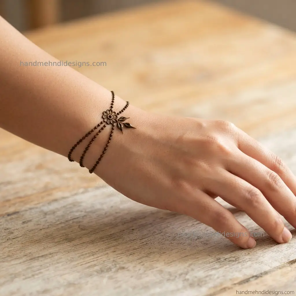 Back hand mehndi showing two fine dotted wrist chains joined by a tiny flower and small leaves.