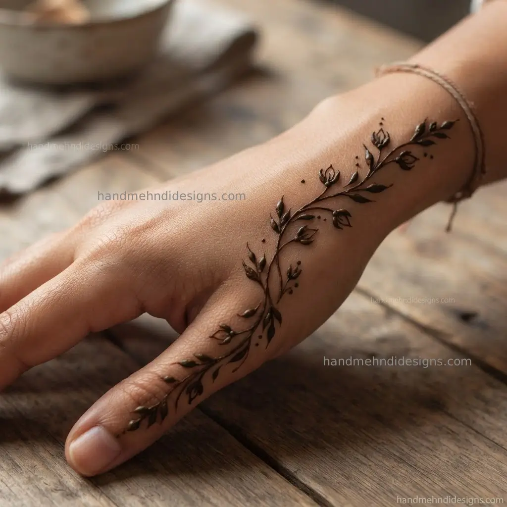 Minimal back hand mehndi featuring a curved vine of tiny closed flower buds, narrow leaves, and sparse dots.