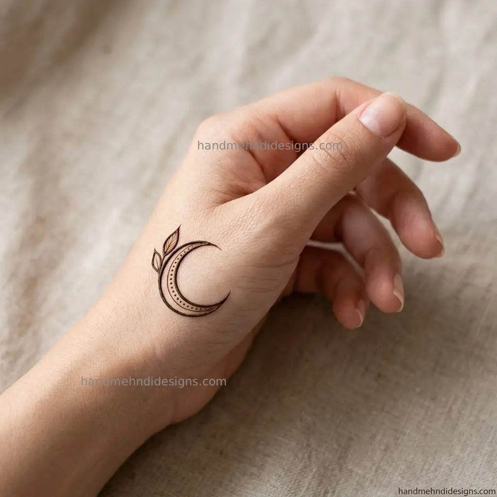 Minimal back hand mehndi featuring a fine crescent moon, tiny dot accents, and a small pointed leaf near the thumb.
