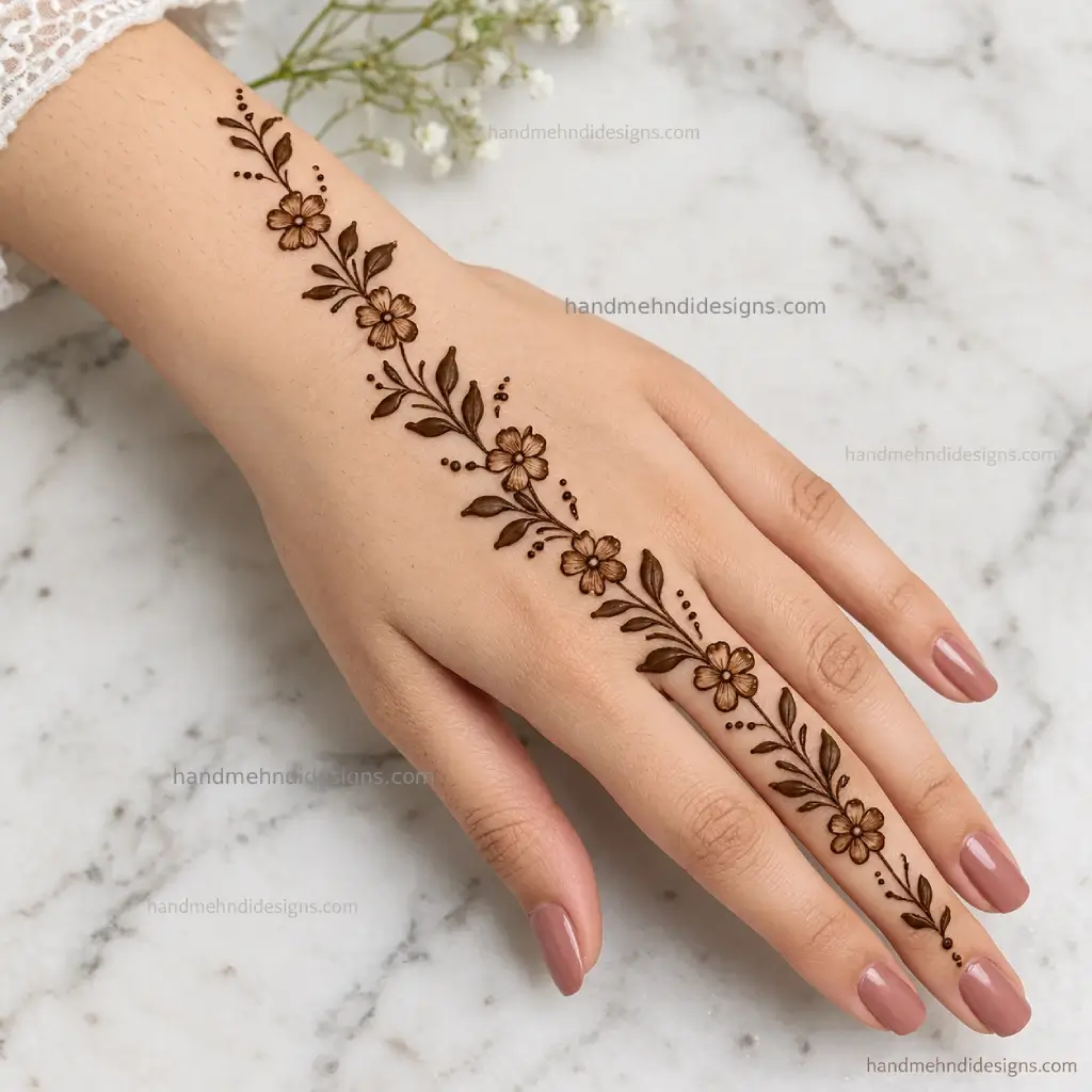 Simple back hand mehndi design with a diagonal vine of small flowers, pointed leaves, and spaced dot accents