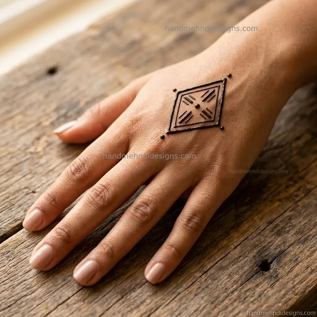 Minimal back hand mehndi featuring a single diamond-shaped motif with a central dot and fine geometric strokes.