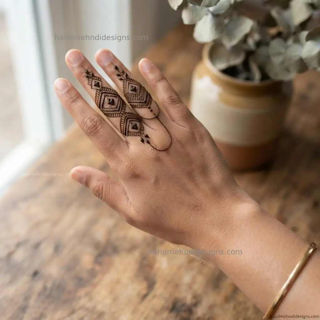 Simple back hand mehndi with a curved chain of tiny dots, fine connecting lines, and two miniature flowers.