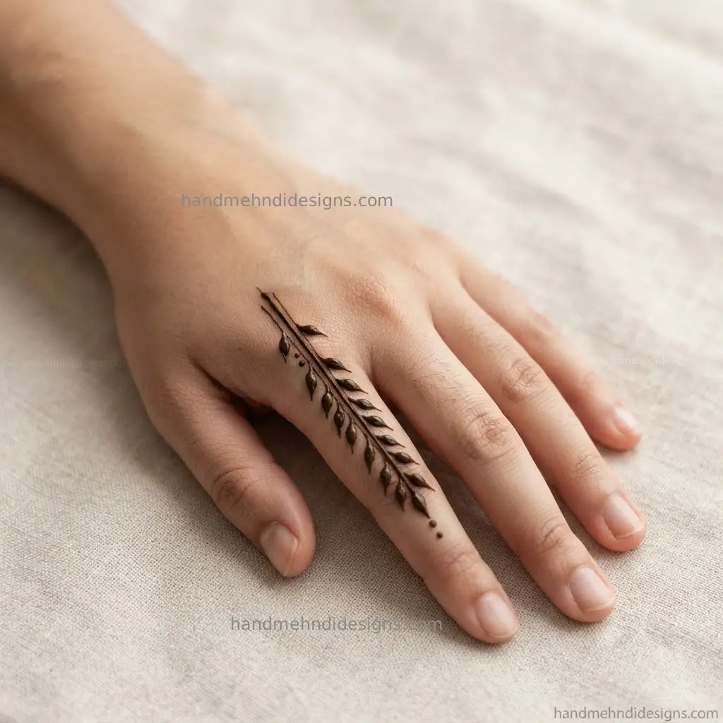 Finger-focused mehndi design with a slender stem and alternating pointed leaves running along the index finger