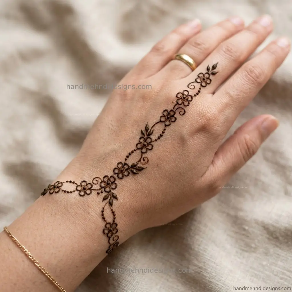 Minimal back hand mehndi featuring a delicate chain of five-petal flowers connected by curved lines and tiny leaves.