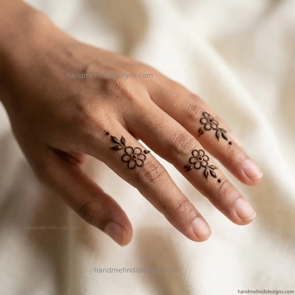 Minimal knuckle mehndi with three separate miniature flowers, tiny leaves, and dot accents near the finger bases.