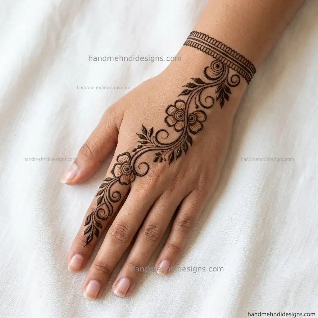 Delicate floral vine back hand mehndi design flowing from wrist to index finger