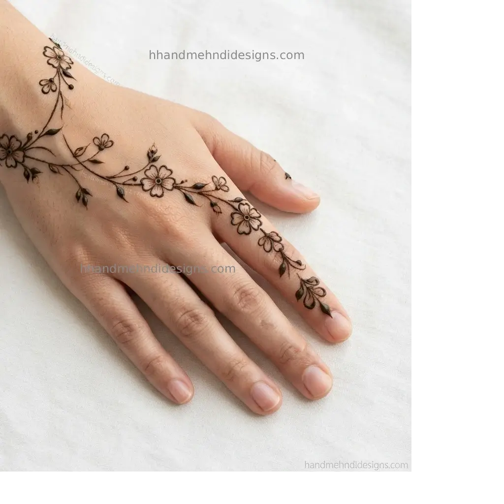 Text: Simple back hand floral vine mehndi with a thin wrist-to-index vine, tiny flowers and leaves, and plenty of empty space