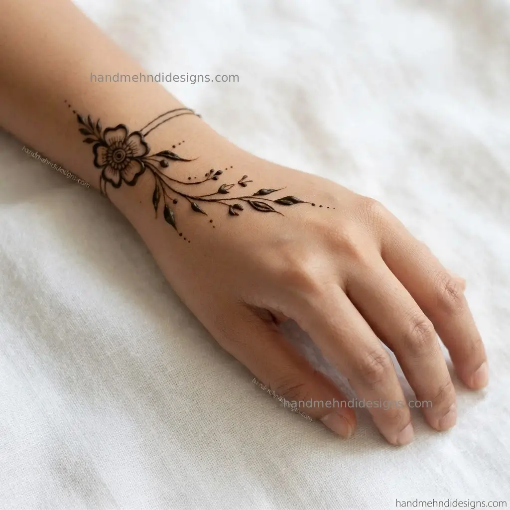 Minimal wrist trail mehndi featuring an open flower, small buds, and a curved leafy stem on the back hand.